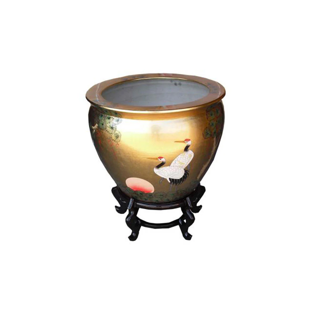 Cranes Design Gold Lacquer Plant Pot