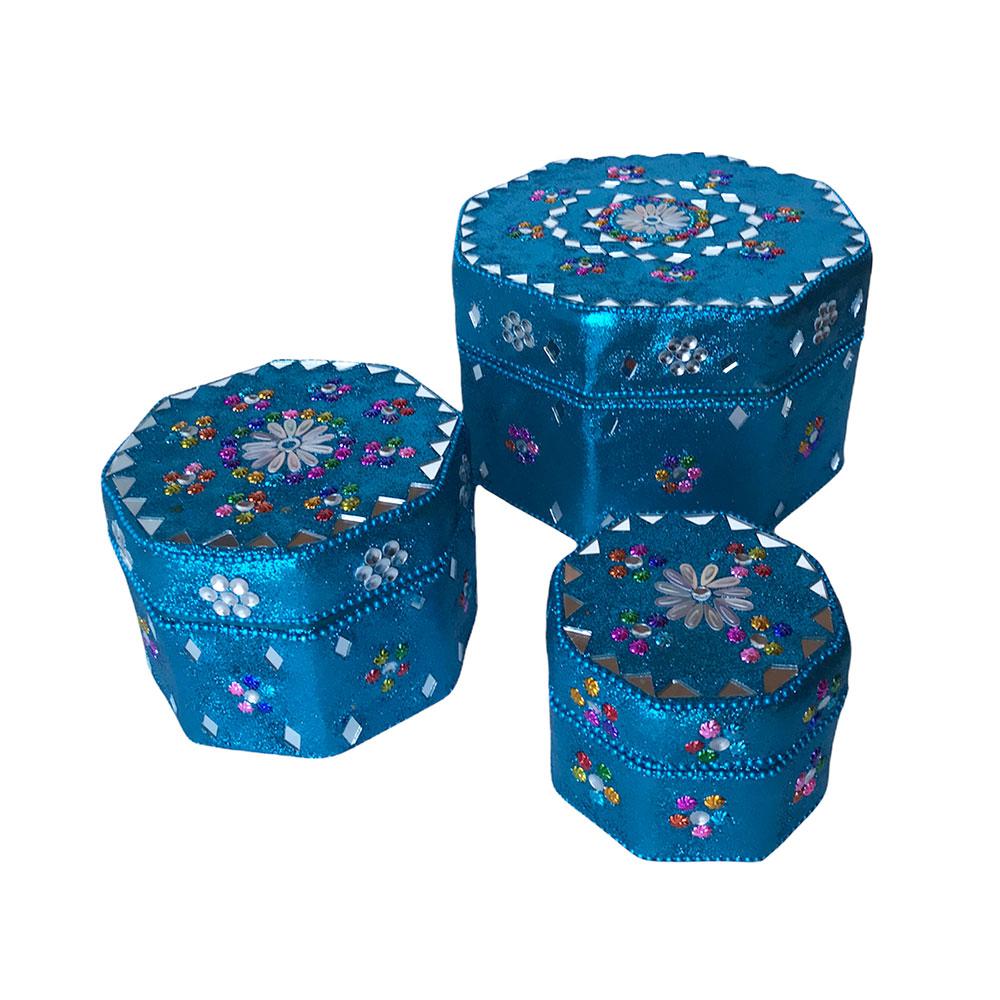Blue Octagon Shape Jewellery Box with Sequins