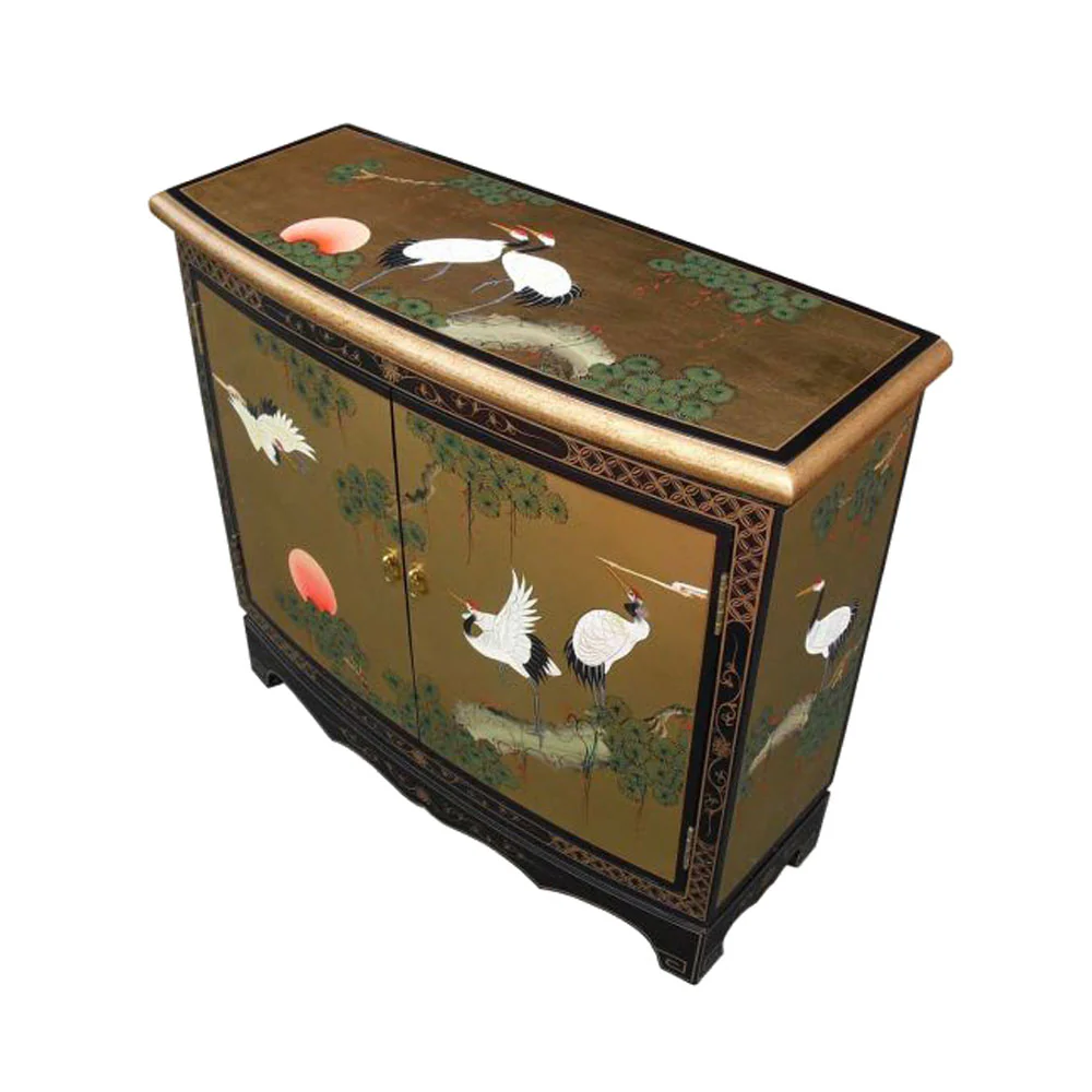 Cranes Design Gold Lacquer Hall Cabinet