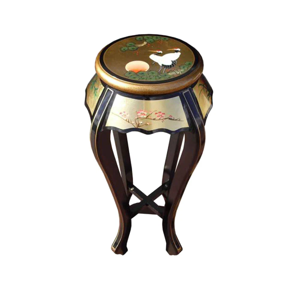 Cranes Design Gold Lacquer Round Plant Stand