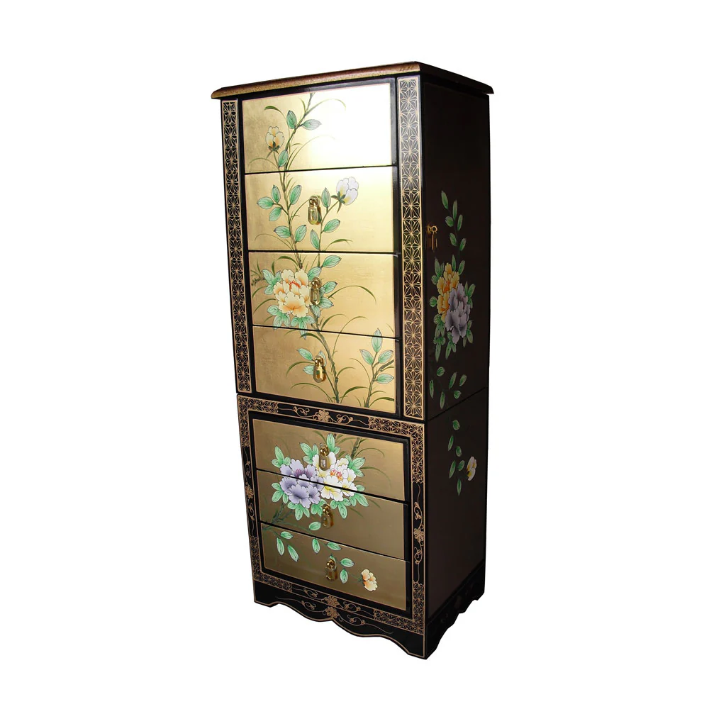 Cranes Design Gold Lacquer Jewellery Armoire