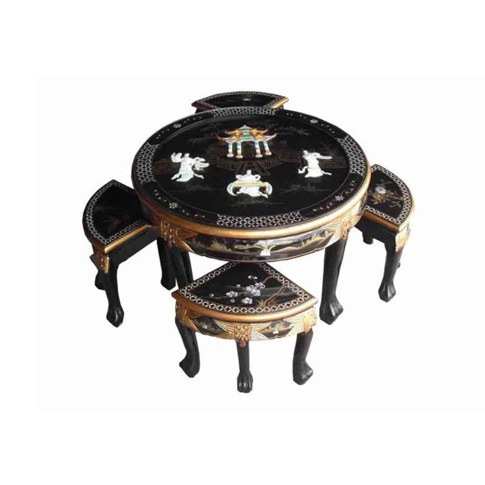 Mother of Pearl Round Coffee Table with 4 Stools & Glass Top