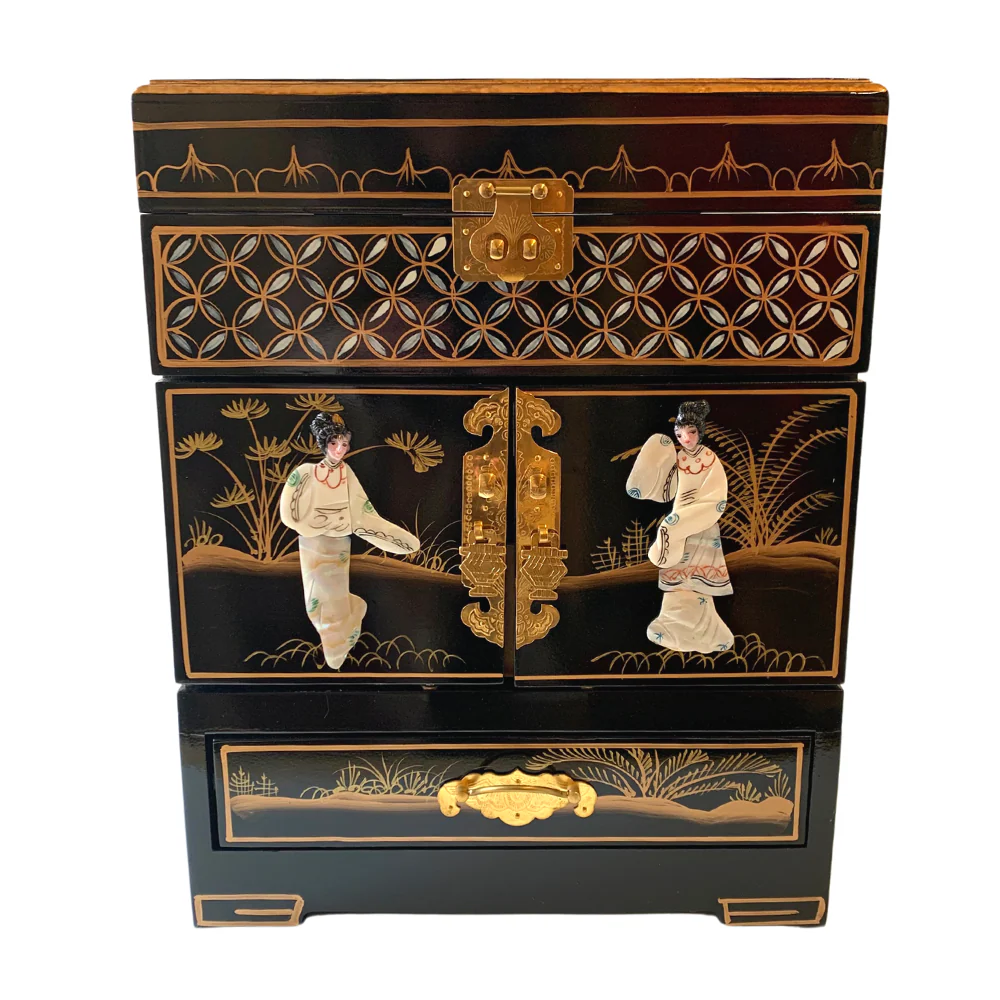 Chinese Mother of Pearl Upright Black Lacquered Jewellery Box